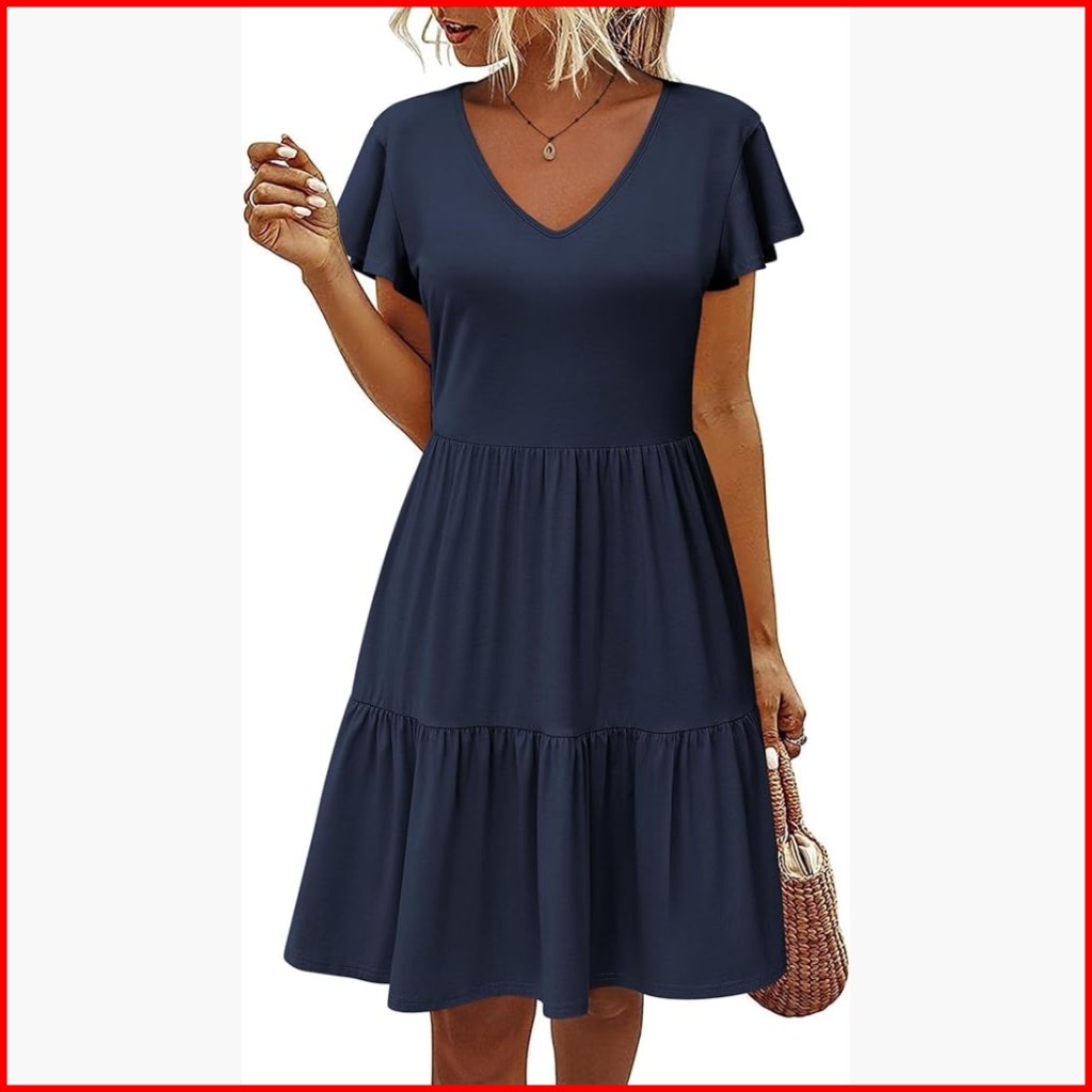 V-Neck Ruffle Sleeve A-Line Dress With Pockets, Casual Summer Wear